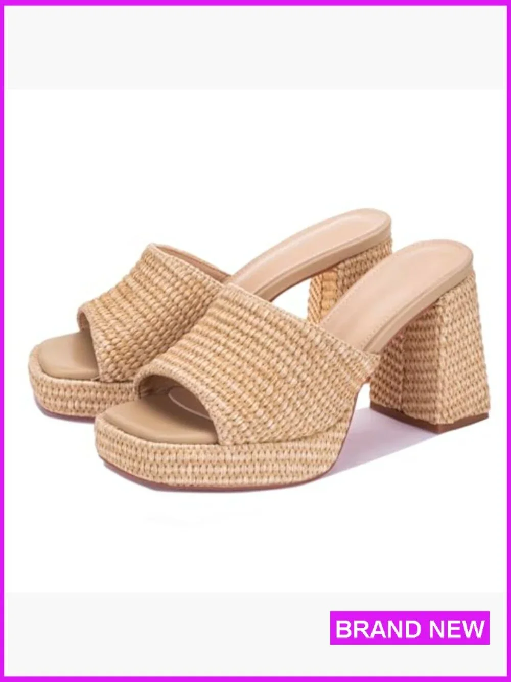 Raffia Platform Wedge Sandals Slip On Open Toe Chunky Block Heel Summer Vacation